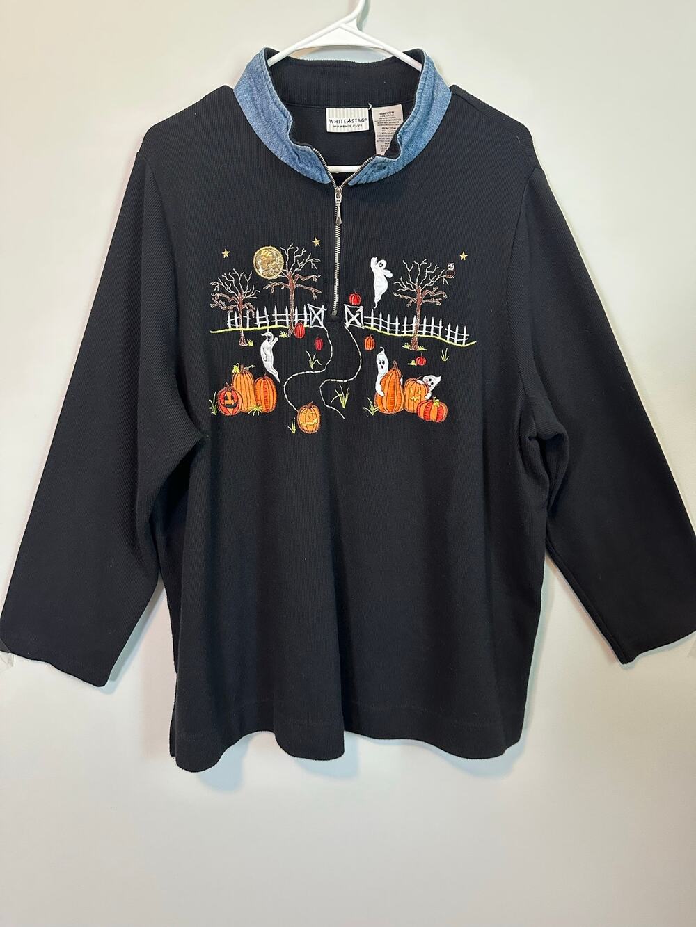 Vintage Y2K White Stag 18W 20W Halloween Ghost Pumpkin Embroidered 1/4 Zip Top